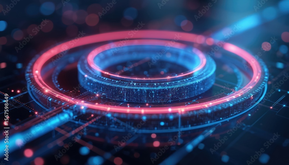 Poster abstract digital design features glowing blue, red circles on dark background. intricate circuit boa