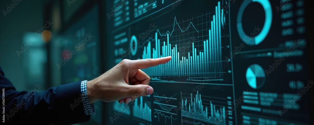 Poster analyst uses business analytics dashboard with kpi, charts, and metrics for data analysis and insigh