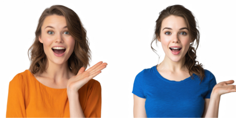 Two women with surprised expressions and open palms present something unseen on the side