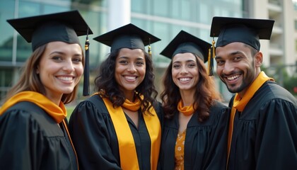 Four smiling Indian MBA graduates pose happily together wearing black caps, gowns with gold sashes. Celebrate academic achievement, future success, embodying youthful confidence, diversity. Image