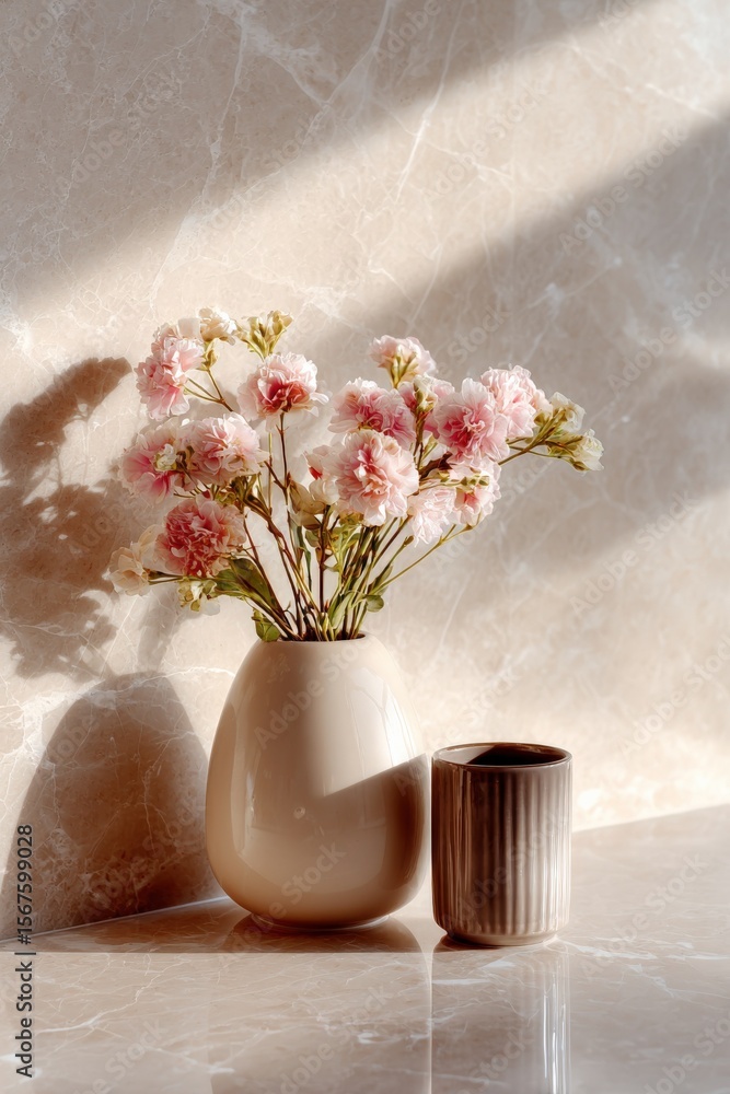 Poster Elegant beige vase with pink and white flowers and a small wooden cup on a marble surface with sunlight and shadow creating a warm and serene atmosphere