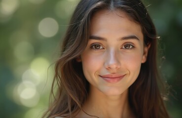 Fototapeta premium Portrait of beautiful young woman with clear skin, natural look. Smiling gently, brown hair, brown eyes, conveying sense of calm, confidence. Natural beauty shines in close-up shot against blurred