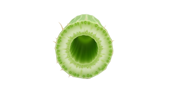 Close-up cross-section of a green stem, showcasing its internal structure on white