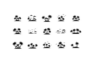 Twenty simple palm tree island icons suitable for tropicalthemed designs such as travel brochures, vacation posters, or beach party invitations.