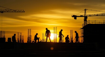 Fototapeta premium Silhouetted construction workers at sunset, amidst cranes and a building under construction
