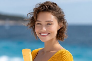 Bright Smiling Woman with Short Wavy Hair Wea Yellow Sweater Enjoying Seaside Beach Landscape in Sunny Weather