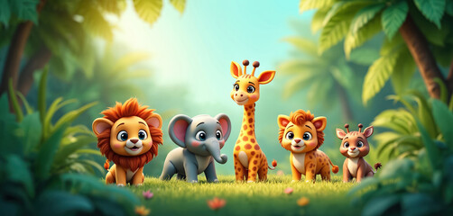 Fototapeta premium A delightful 3D render features adorable cartoon animals, including lions, an elephant, and giraffes, in a lush tropical jungle. Playful wildlife enjoys vibrant foliage and a grassy savanna habitat.