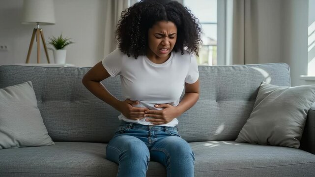 Teenager enduring stomach pain on sofa at home
