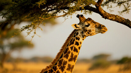 Obraz premium Graceful giraffe grazes beneath a tree on the serene African savanna