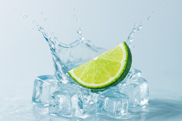 Icy Citrus Burst: A refreshing slice of lime rests upon a bed of ice cubes, as a splash of water erupts upwards, creating a vibrant spectacle of cool tones and invigorating essence.