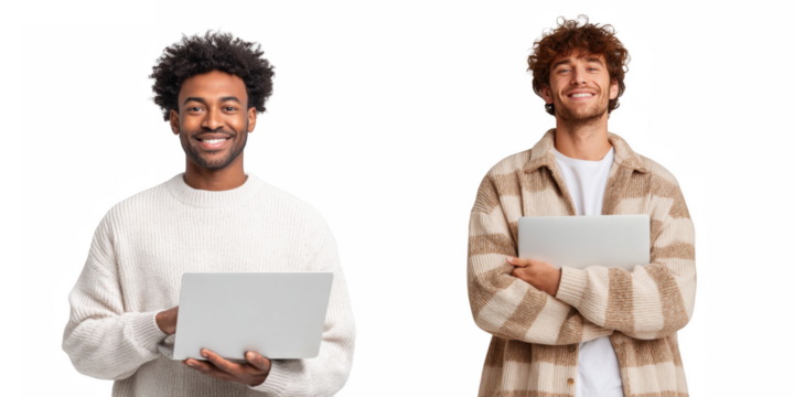 Two smiling men holding laptops against a black background in a studio setting