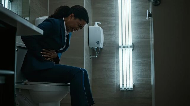 Businesswoman suffering from stomach pain in the company toilet