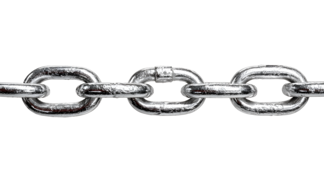 A gleaming metallic chain with interlocked links presented against a stark transparent background.