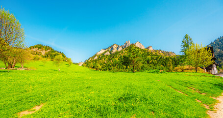 Peak Tri Koruny or Trzy Korony during day with green meadow and trees in spring. Pieniny National park in Slovakia and Poland