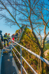Hiking to peak Tri Koruny or Trzy Korony during day. Pieniny National park in Poland. View from the lookout at the top