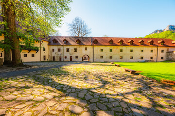 Medieval monastery Cerveny Klastor near Peak Tri Koruny or Trzy Korony in Pieniny National park in Slovakia and Poland