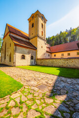 Medieval monastery Cerveny Klastor near Peak Tri Koruny or Trzy Korony in Pieniny National park in Slovakia and Poland © Zedspider