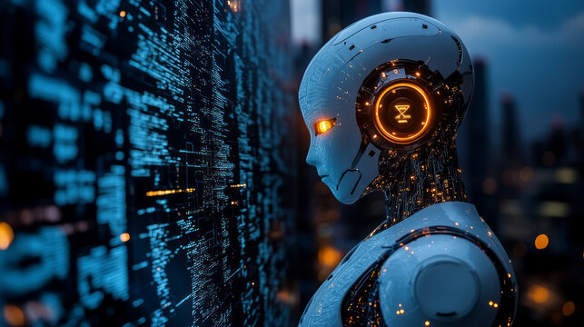 Future technology robot analyzing data working scene, artificial intelligence concept