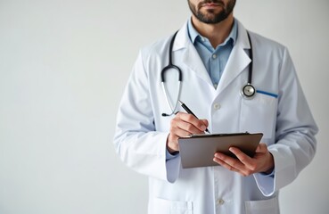 Doctor in white lab coat with stethoscope writing on medical records clipboard. Healthcare pro holding pen, focused on patient notes. Represents medical practice, hospital, clinic.