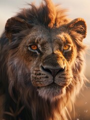 Naklejka premium Majestic male lion portrait with golden mane and amber eyes in warm natural lighting background