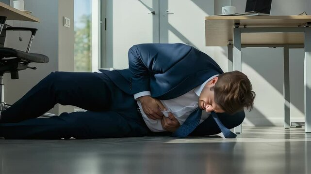 A man crouches on the office floor with intense stomach pain