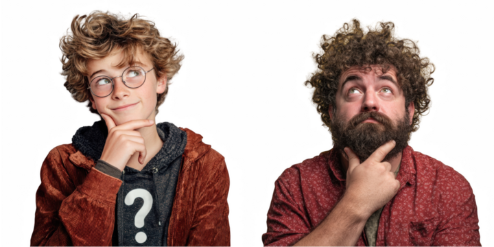 Boy with glasses and man with beard looking up with hand on chin in contemplation