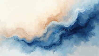Abstract painting blending blue, beige, white tones. Fluid lines create dynamic, wave-like pattern across canvas. Modern artwork offers serene yet energetic visual, suitable for various decor styles,