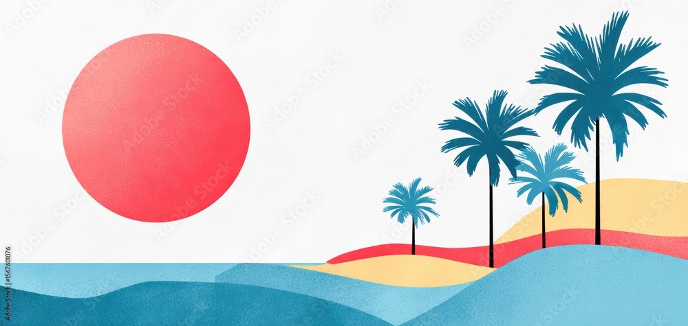 Poster beach vacation vibes with sun and palm trees against a colorful backdrop generative ai