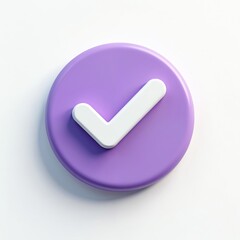 Realistic 3D check icon with glossy white tick on purple circle. Selection, confirmation, approval. Smooth plastic style, suitable for web design, digital interfaces, modern UI elements. Clean white
