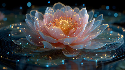Quantum lotus made of glowing holographic data in surreal space