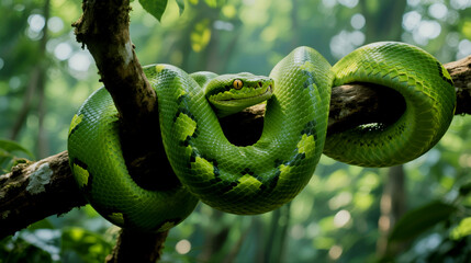 Fototapeta premium Vivid green pit viper coils around a branch in a lush tropical forest