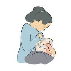 Mother breastfeeding little baby illustration vector hand drawn with black lines isolated on white background.