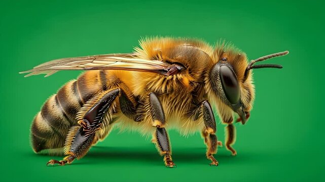 Honey Bee: A close-up photograph of a honey bee, showcasing the intricate details of its wings, body, and overall structure, set against a vibrant green background.