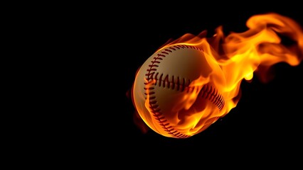 Baseball engulfed in flames on a black background with intense orange glow.