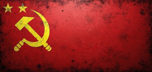 Retro Soviet Union flag with hammer, sickle, and stars. Red fabric texture, worn look, communist symbolism. Ideal for historical, political, or retro-themed projects.