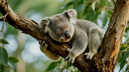Fototapeta premium Koala taking a peaceful nap in a eucalyptus tree surrounded by leaves