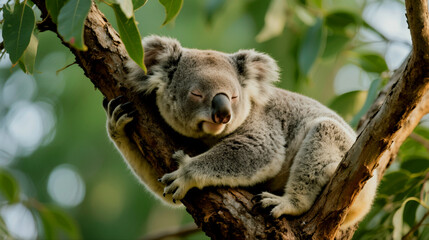 Fototapeta premium Sleeping koala peacefully rests on a tree branch in its natural habitat