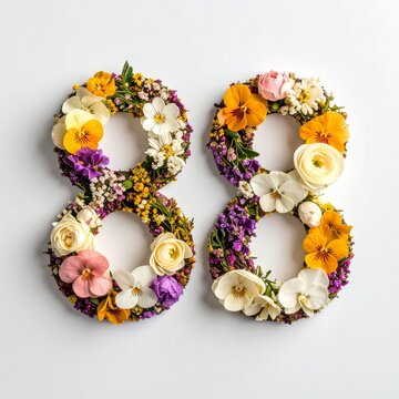 Number 88 made out of flowers with solid white background. Photo for 88th birthday or anniversary party