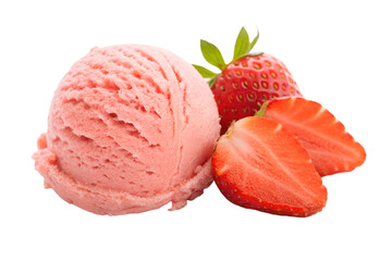 Pink strawberry ice cream with fresh slices isolated on transparent background