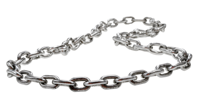 A gleaming silver metal chain is arranged in a loop against a stark transparent background.