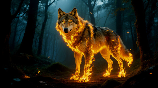 Fiery wolf standing tall in dark forest with glowing eyes and fur