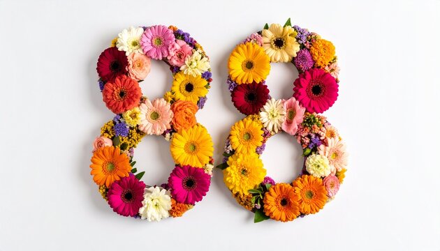 Number 88 made out of flowers with solid white background. Photo for 88th birthday or anniversary party