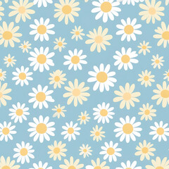 Seamless Pattern White and Yellow Daisies on Light Blue Background Flowers