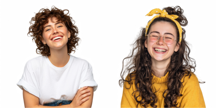 Two young women smiling and laughing with curly hair against a black background space - Powered by Adobe