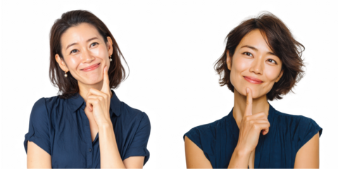 Two portraits of an asian woman in a blue shirt with a thoughtful expression pose