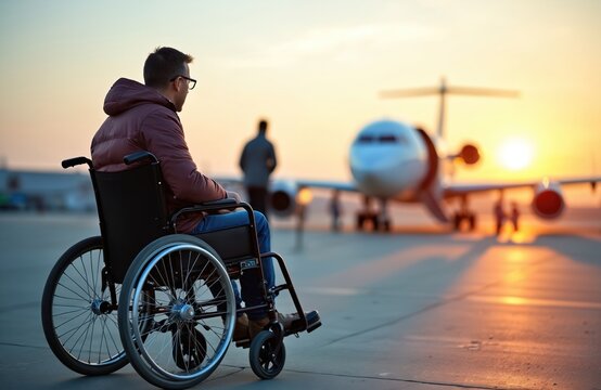 Man in wheelchair watches airplane on tarmac at sunset. Person with mobility challenges travels by air. Accessible aviation, inclusion, and freedom of movement.
