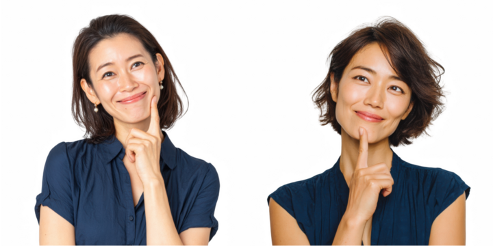 Two portraits of an asian woman in a blue shirt with a thoughtful expression pose