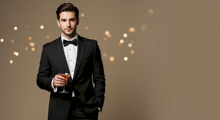 Elegant man in tuxedo holding a cocktail glass with sparkles