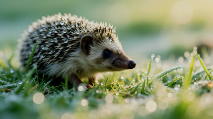 Fototapeta premium Adorable hedgehog with droplets glistens in the morning dew on green grass
