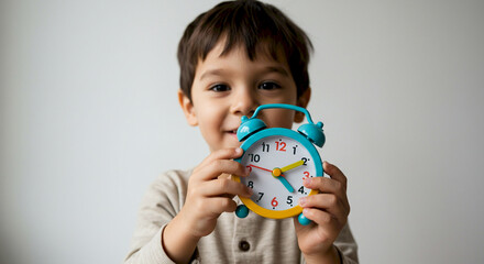 Happy young boy smiling while holding a colorful alarm clock  